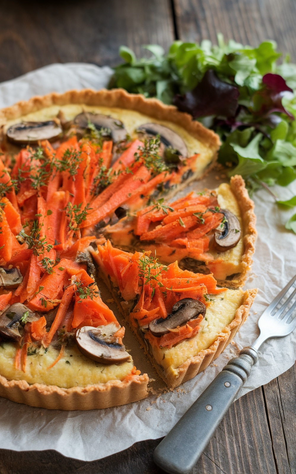 Savory carrot and mushroom tart with fresh herbs on a wooden table.